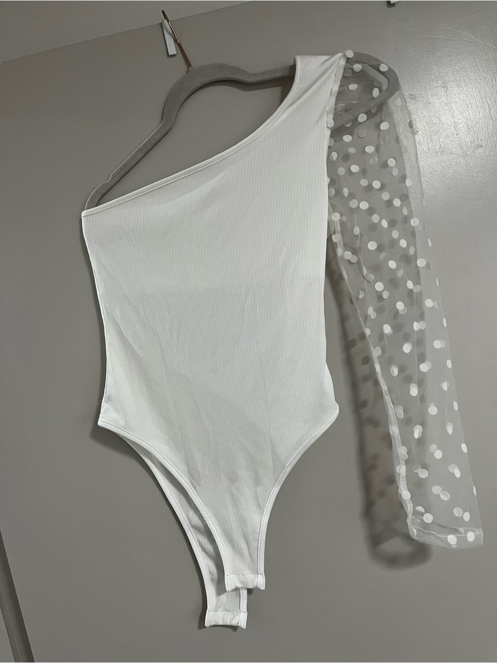 SHEIN White One-Shoulder Polka Dot Mesh Sleeve Bodysuit